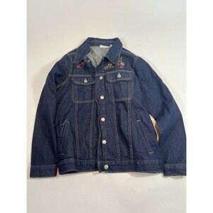 Collections Etc Denim Jacket Size Medium Blue Embroidered Floral Boho Art